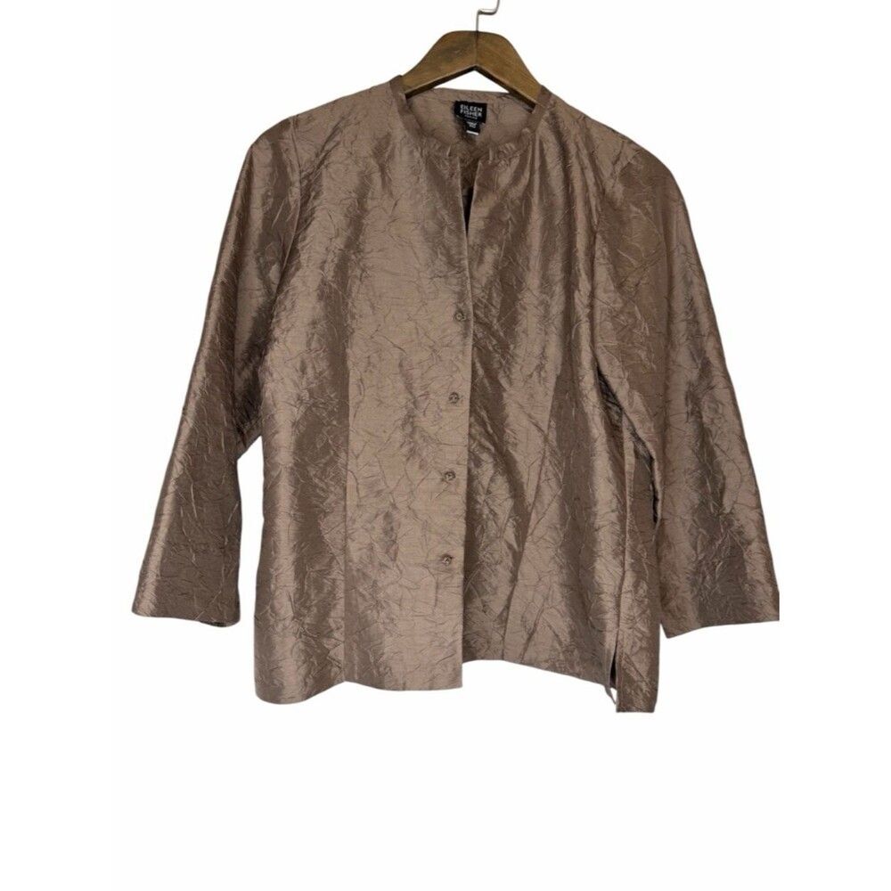 Eileen Fisher Crinkle Silk Blazer Jacket size PM Tan Metallic Knot Buttons